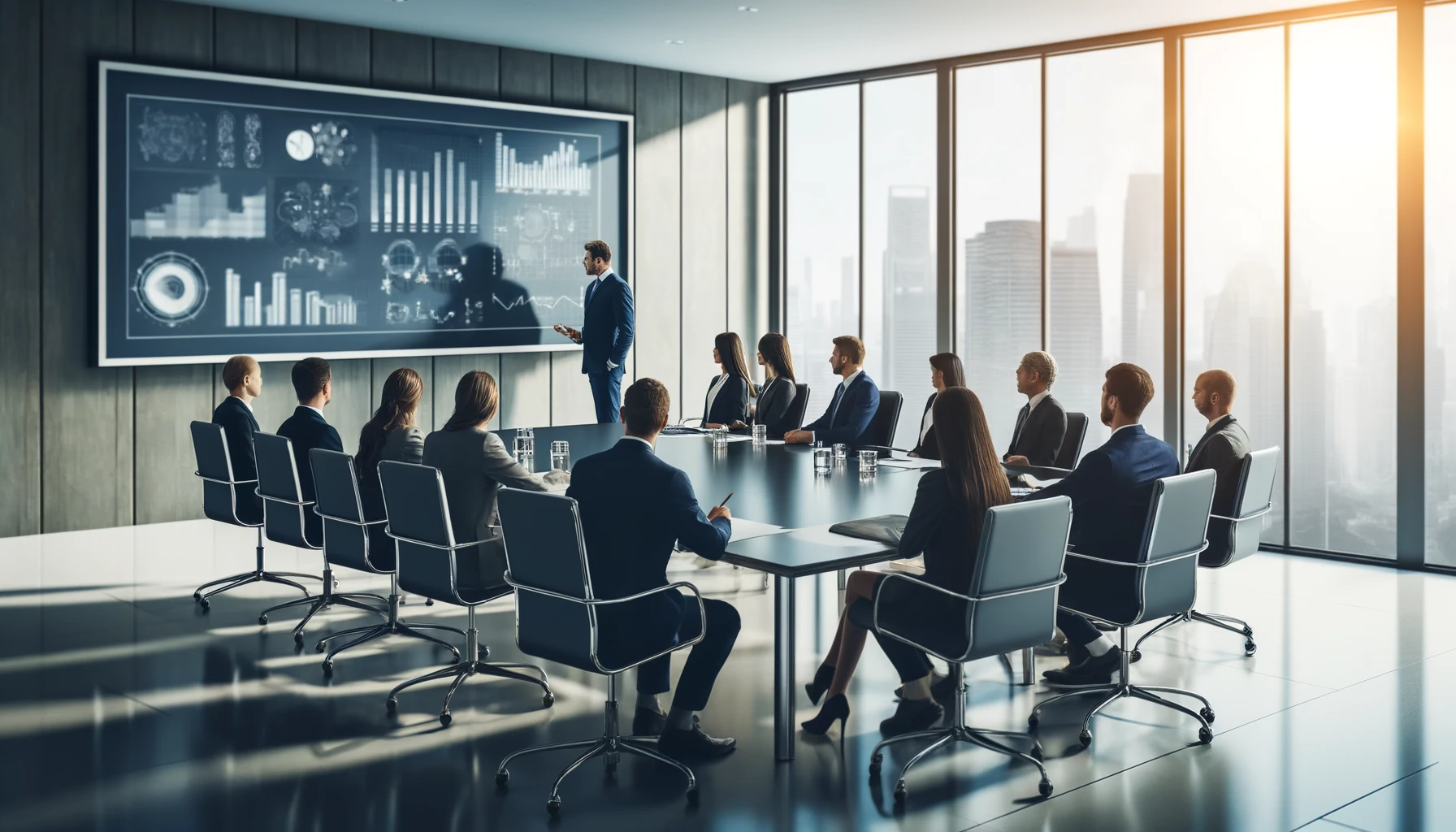 “Business professionals in a meeting room, engaged in a video conference with colleagues displayed on a large screen.”