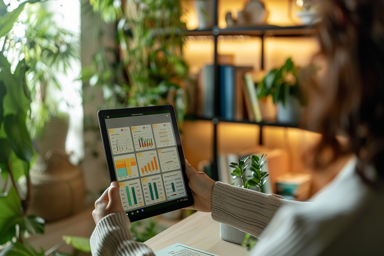 Person in cozy home office using tablet to explore sustainable investing tools. Blurred background with eco-friendly decor