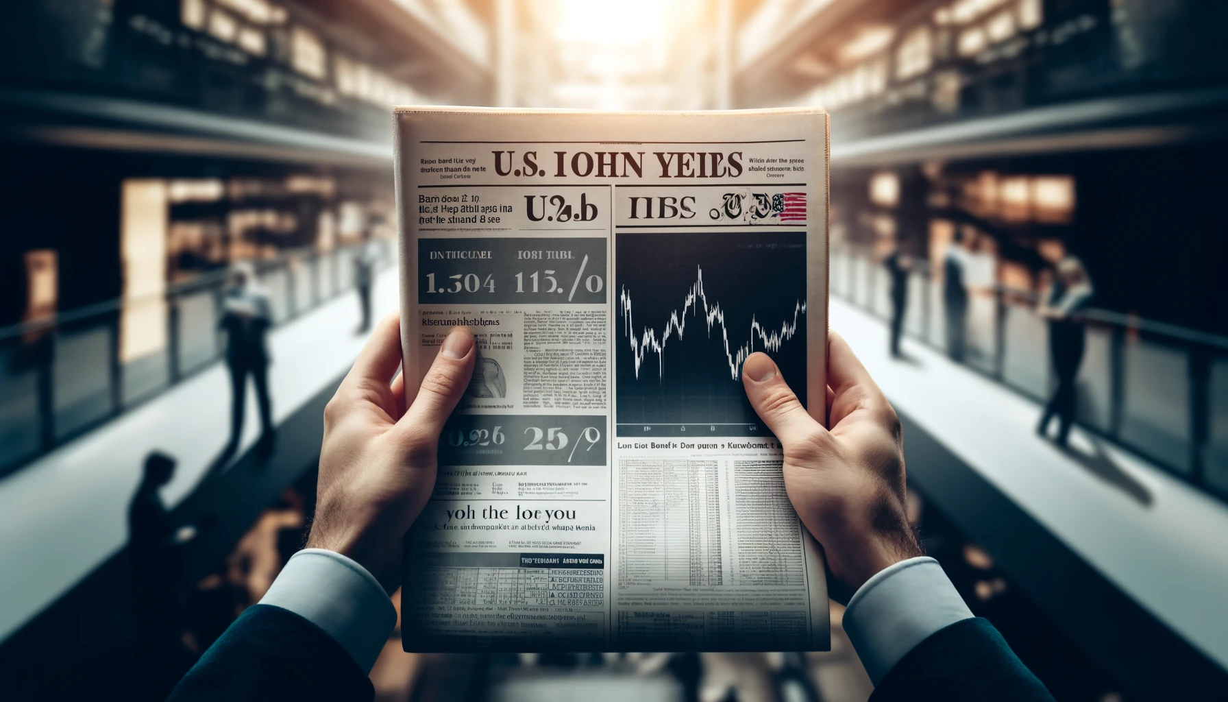 “Close-up of hands holding financial newspapers displaying U.S. and German bond yield data in a busy, office environment.”