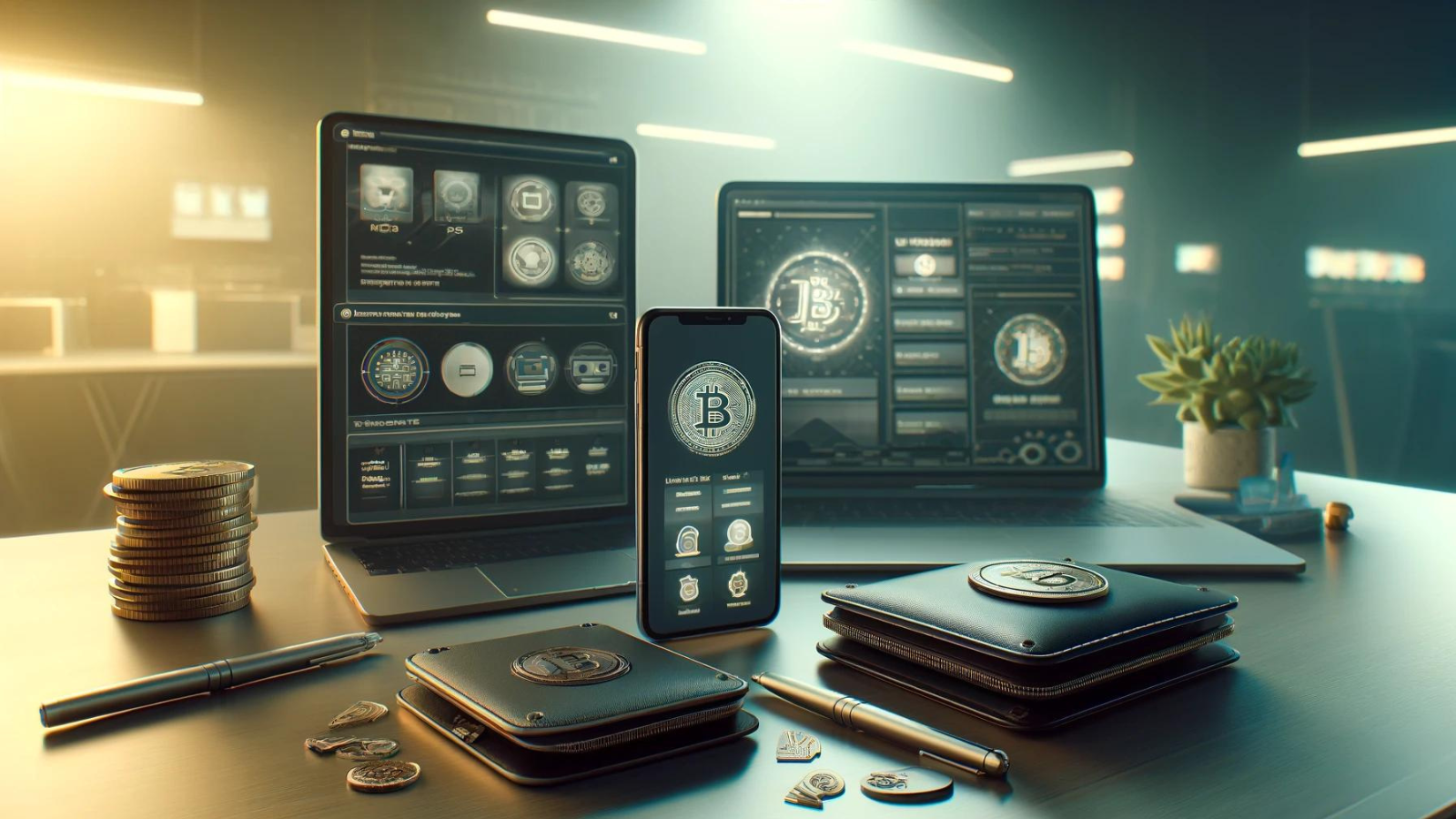 Tech workspace with screens, phone, and items showing Bitcoin apps.