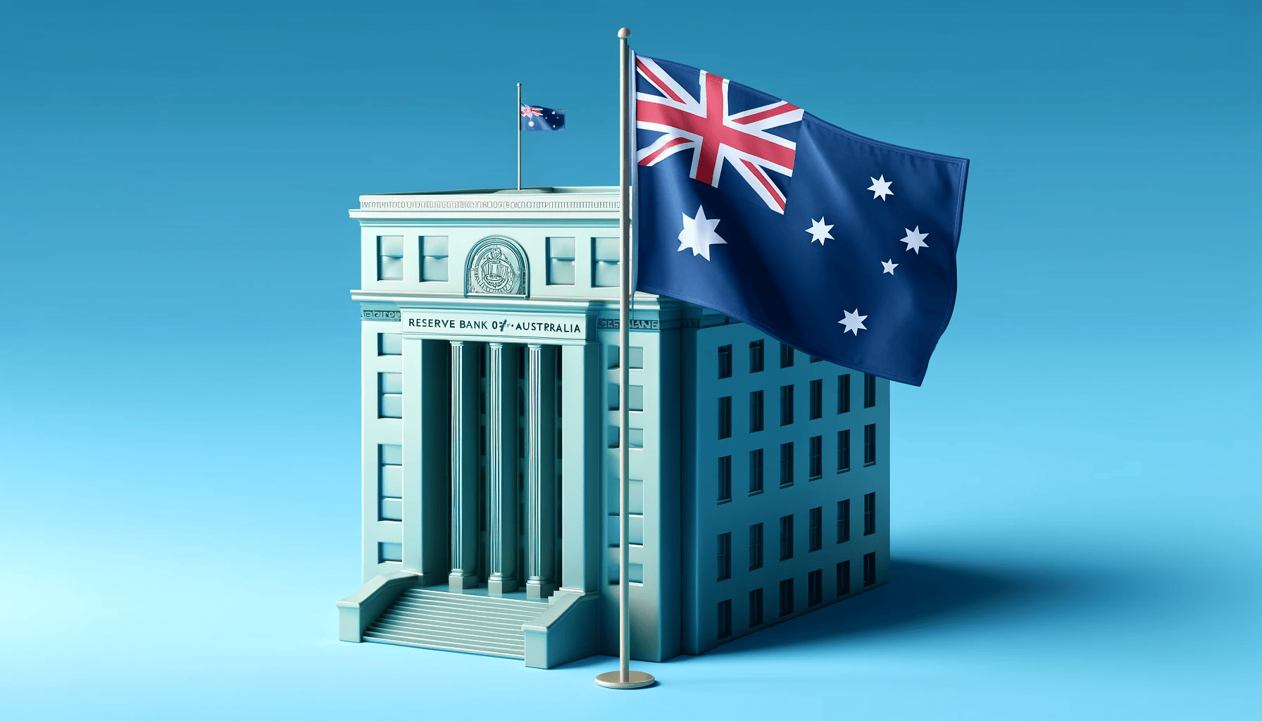 :”The Reserve Bank of Australia building with the Australian flag in the foreground, set against a blue sky background”.