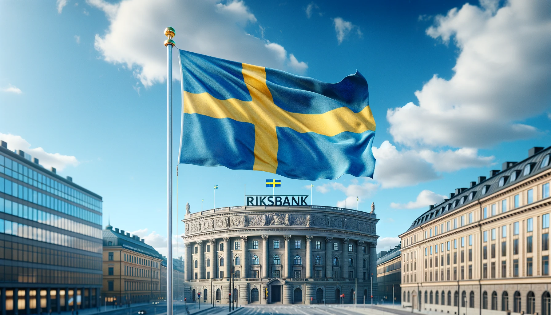 :”Swedish flag with a yellow Nordic cross waving in front of the Riksbank building in Stockholm under clear blue skies”.