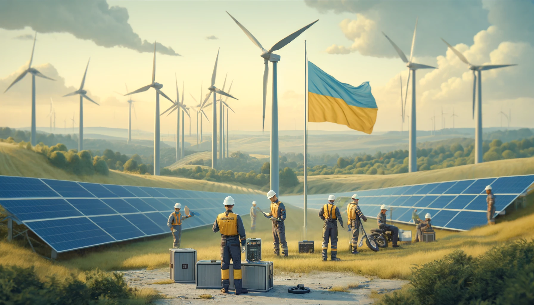 “Ukrainian professional inspecting wind turbines and solar panels in a rural view,symbolizing renewable energy initiatives.”