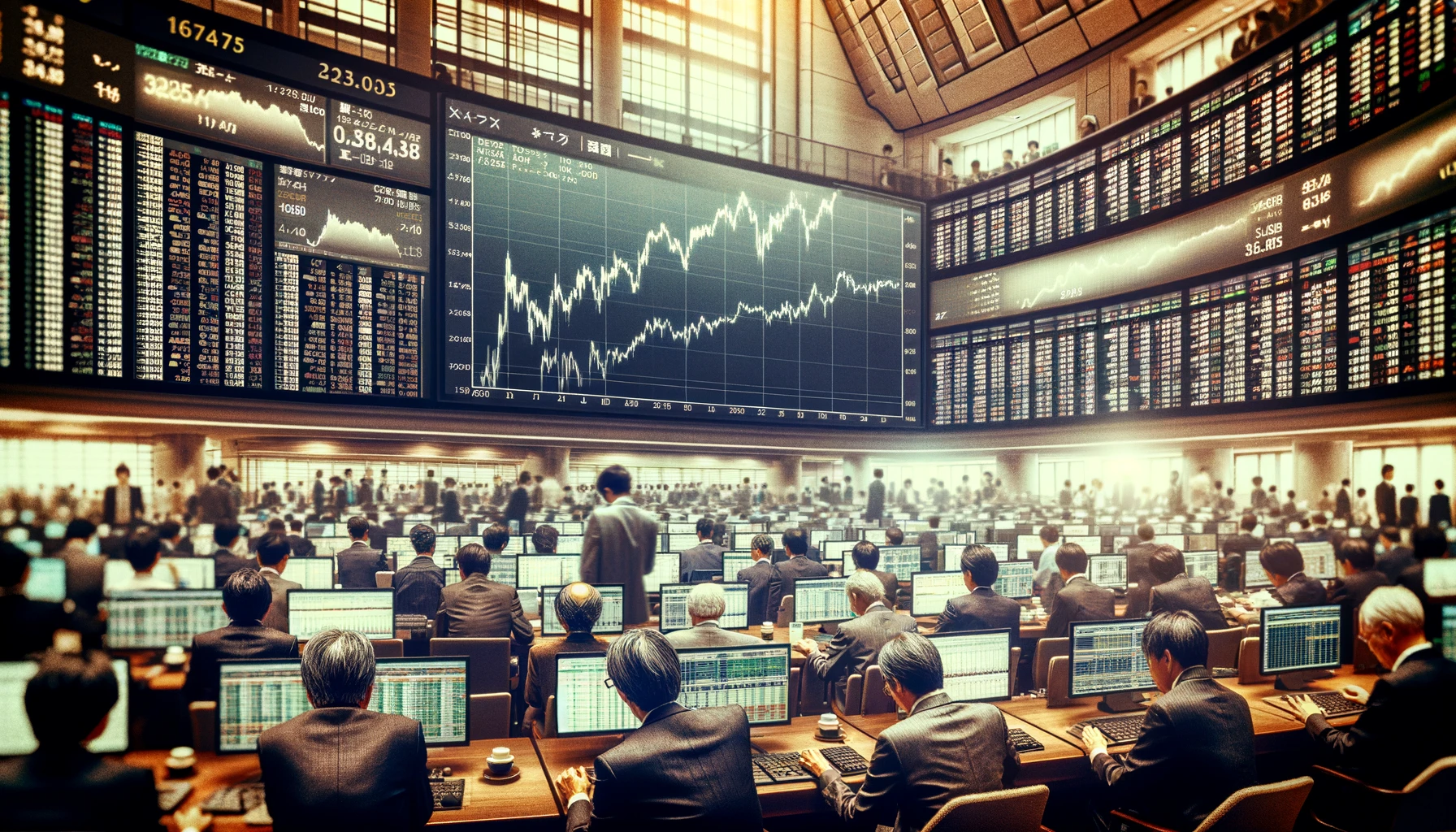 “Investors in a busy trading floor in Japan, focused on large screens displaying stock prices and financial graphs.”