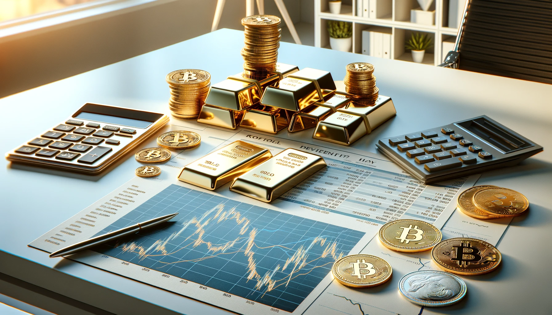 “Desk with gold bars, cryptocurrency coins, a calculator, and printed stock reports in a modern office with natural lighting.”