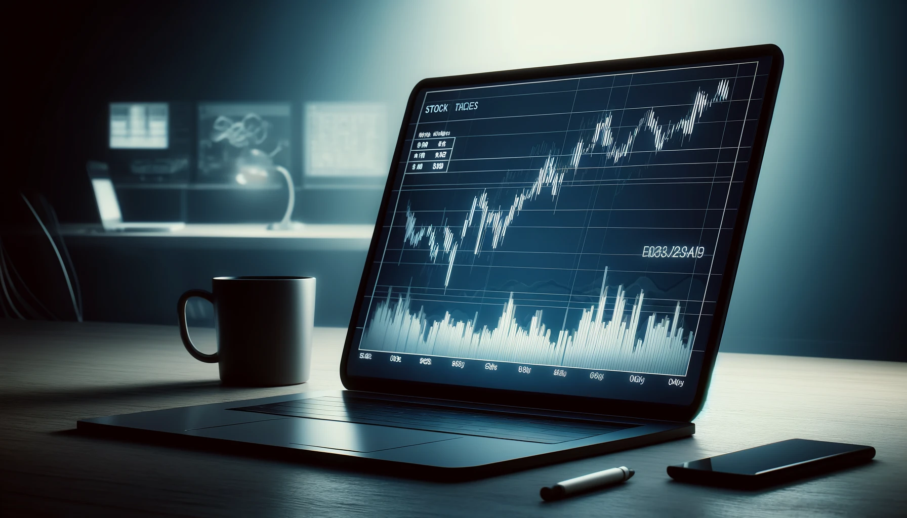 "Digital screen showing stock prices and charts with a slight decline, set in a calm and professional monochrome scene."