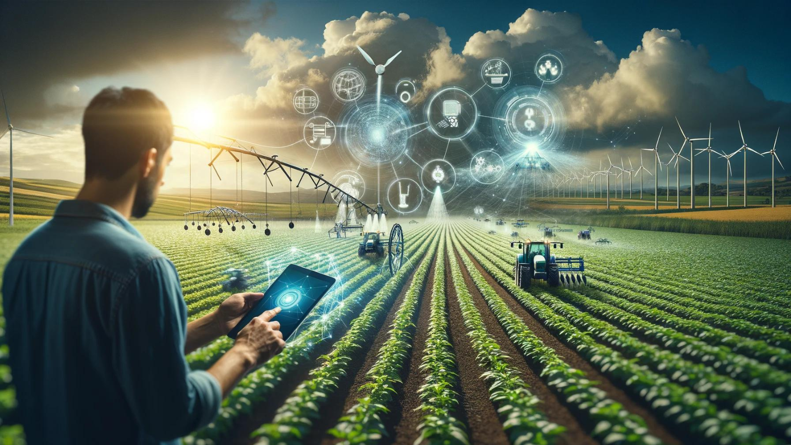 "Farmer using tablet to control automated farming, high-tech irrigation and wind turbines in background."