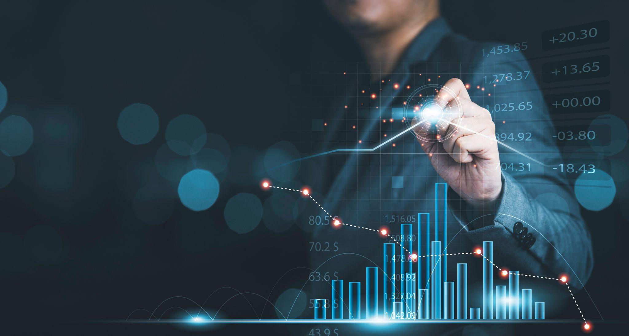 Businessman draws virtual technical chart for stock market analysis, technology, and value investment concepts.