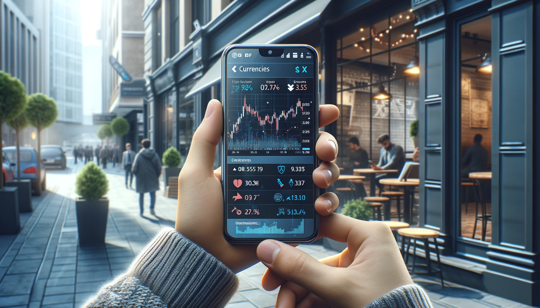 Person trading currencies on smartphone in city with Forex app showing market data and trade notifications; urban backdrop.