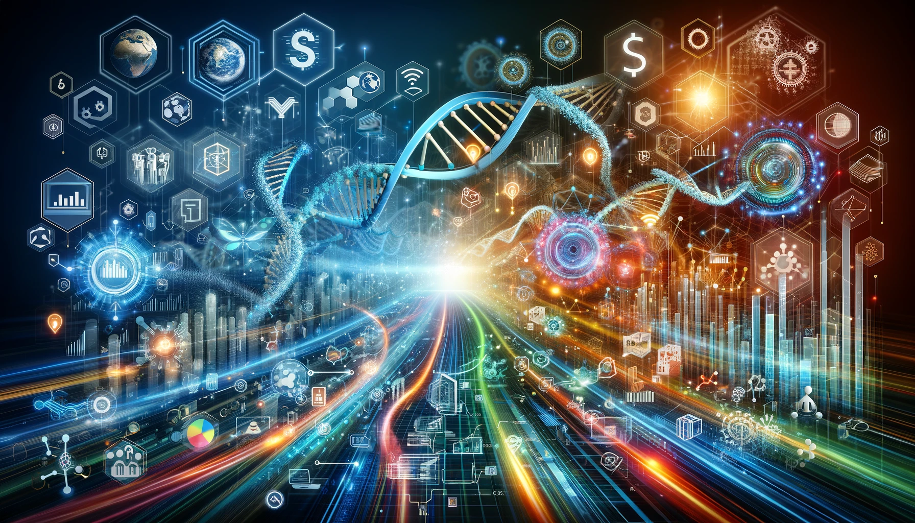 "A digital highway with DNA strands, data graphs, and technology icons, representing a fast-paced flow of information".