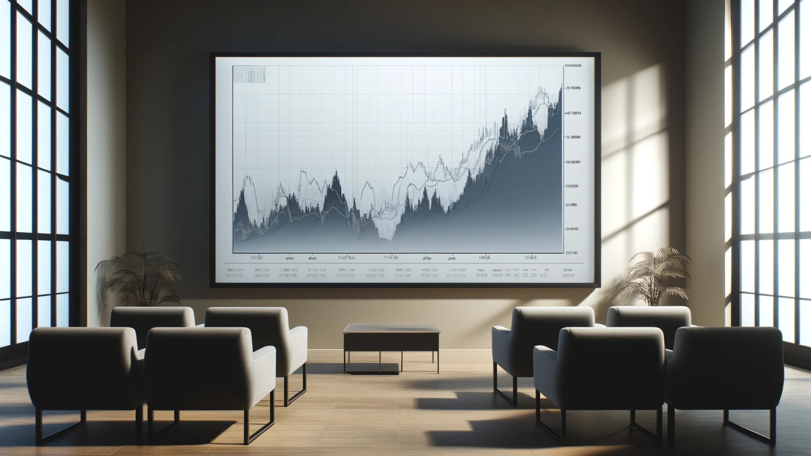 Graph showing the relationship between interest rates and stock market trends on a large screen.