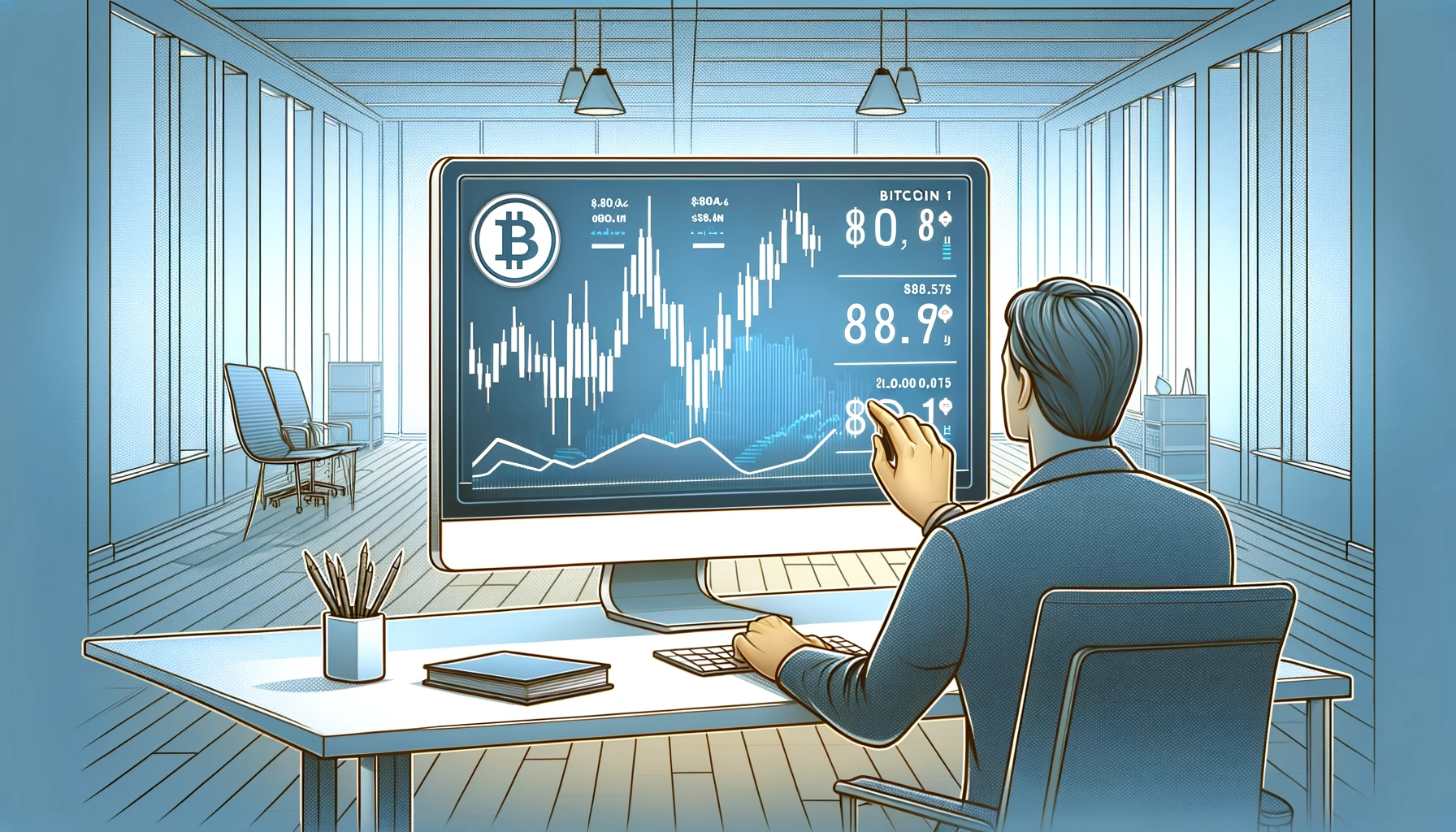 “A simplified Bitcoin graph shows a sharp increase past $70,000 with an upward trend towards $80,000, on a plain background.”