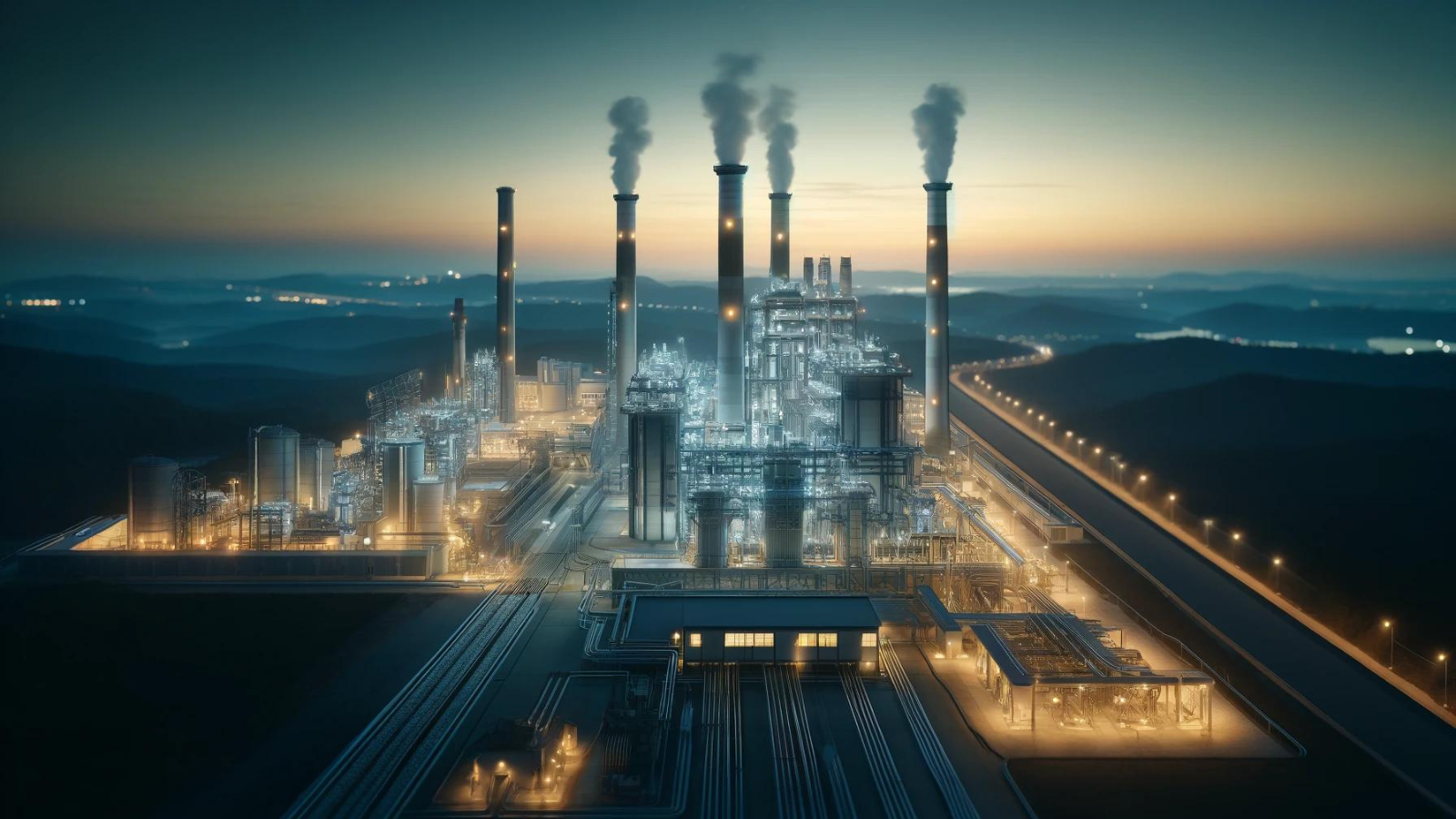 Modern natural gas power plant at twilight, symbolizing clean energy