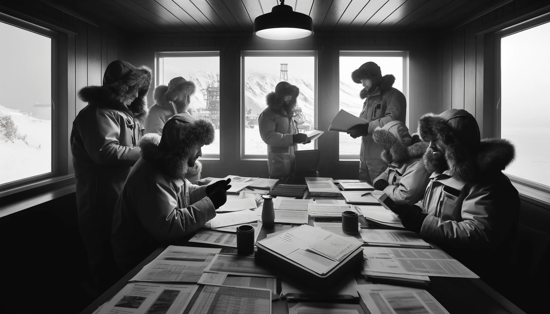 “Team of oil industry professionals in a cozy conference room, wearing heavy winter clothes, Alaskan landscape visible.”