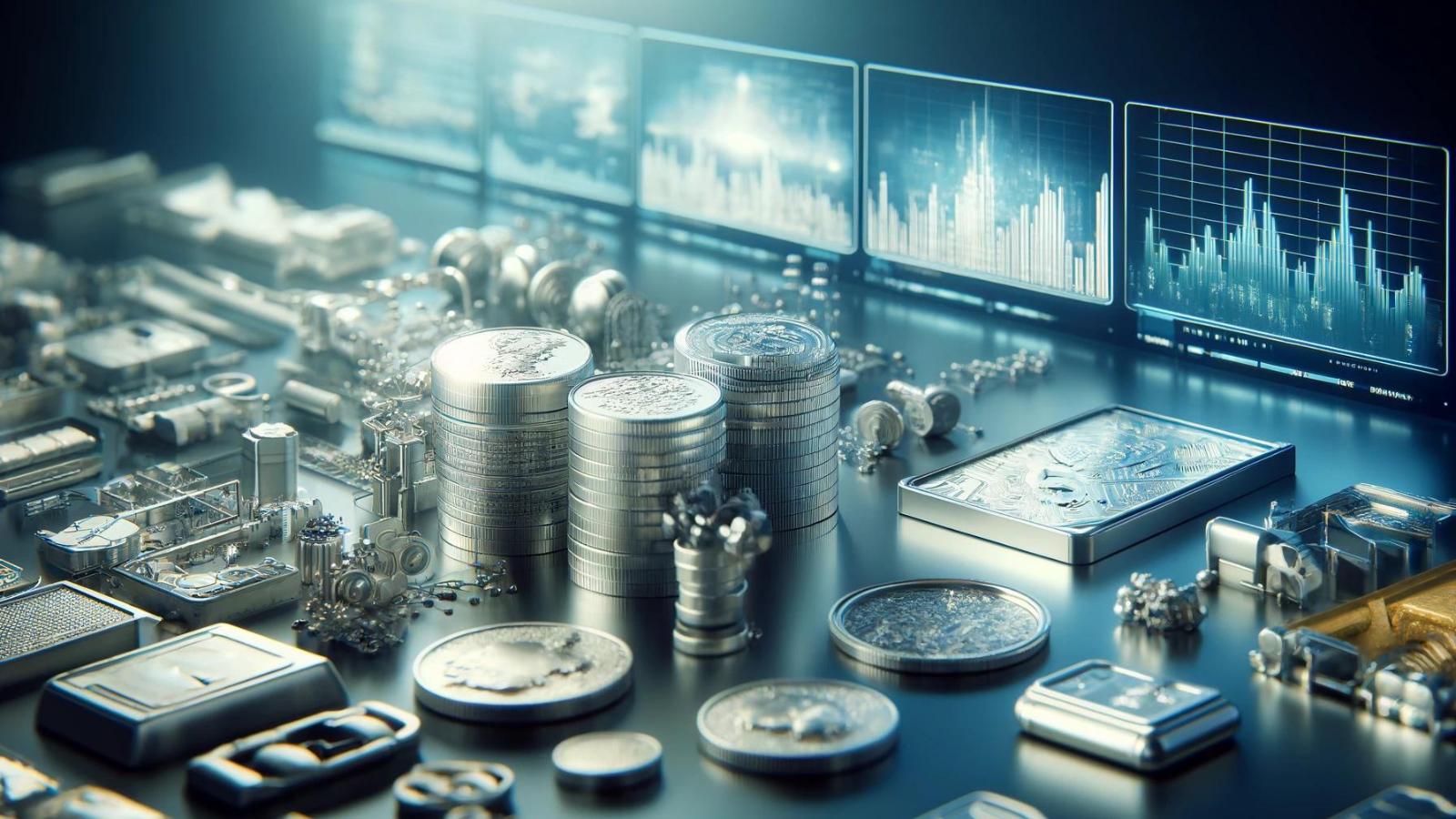 "Silver coins, bars, and jewelry with blurred industrial applications and financial charts."