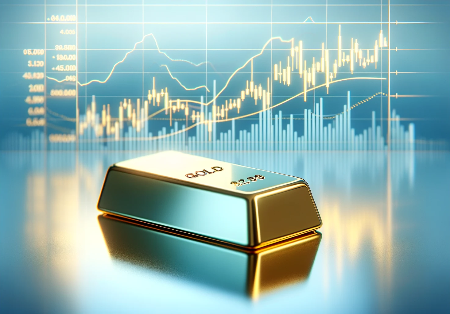 :”Gold bar on a polished surface with stock market charts in the background, displaying light blue lines and data points”.