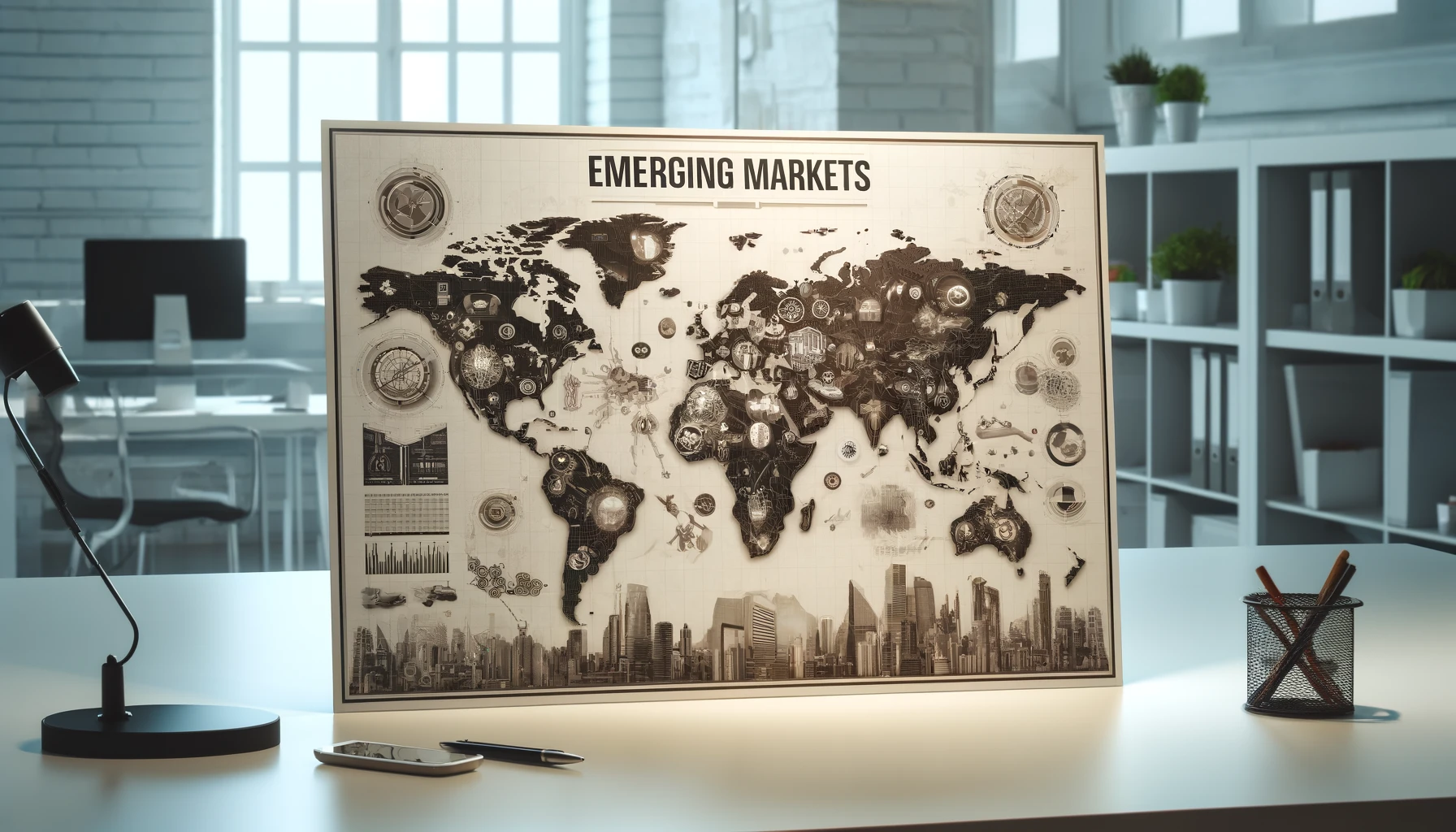 “Realistic printed map of emerging markets with icons of various growth sectors, displayed on a desk in a modern office.”