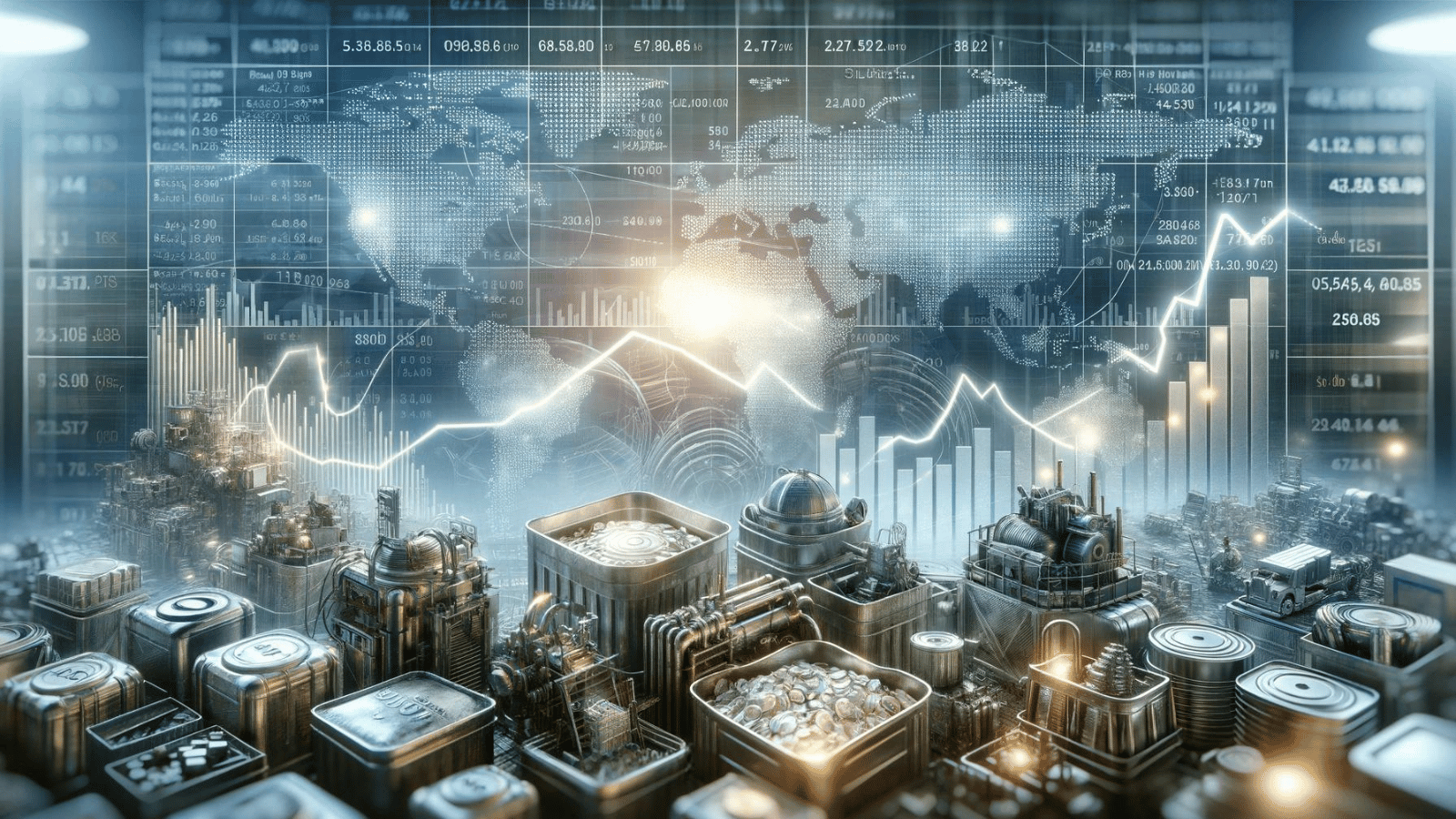 "Silver coins, bars, and jewelry with blurred industrial applications and financial charts."