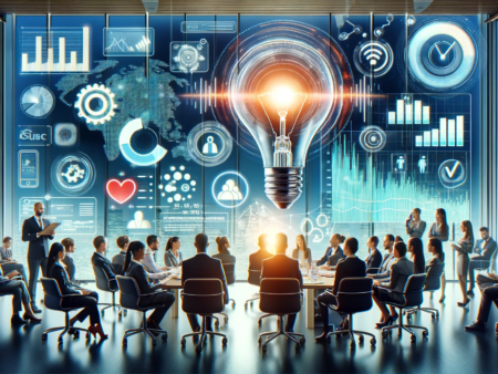 "Business meeting with a digital light bulb idea surrounded by technology and data icons on a futuristic screen background".