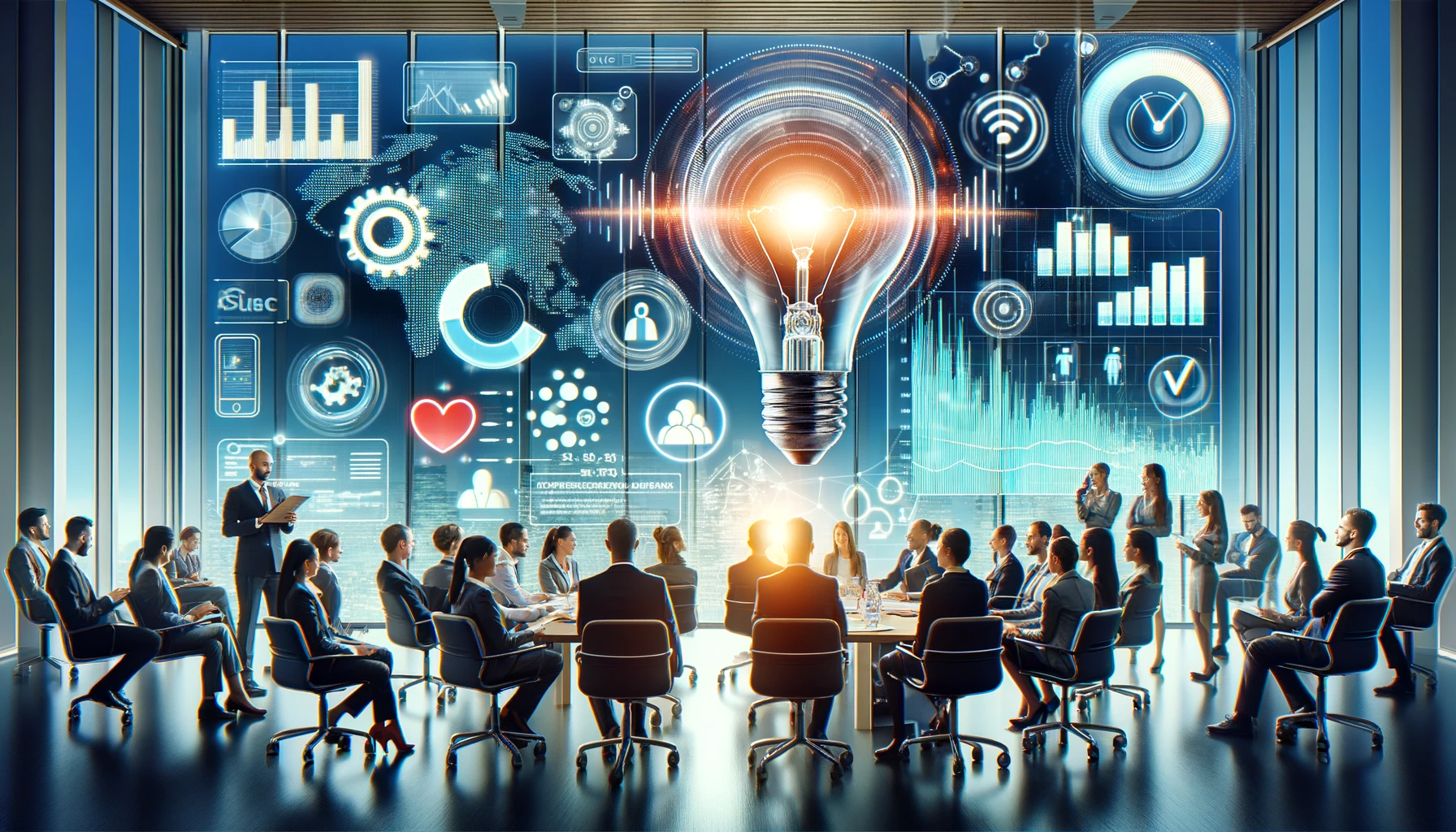 "Business meeting with a digital light bulb idea surrounded by technology and data icons on a futuristic screen background".