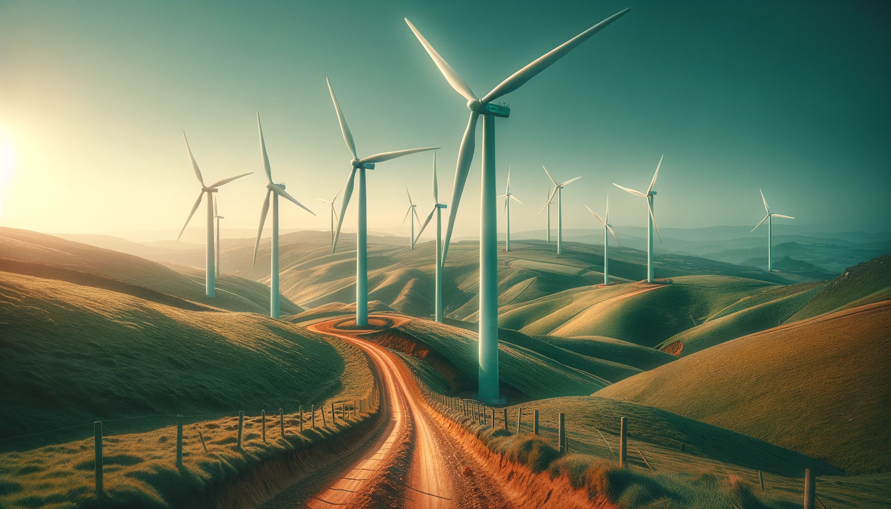 "A cinematic view of a wind turbine farm on rolling hills with a dirt path, under a clear blue sky."