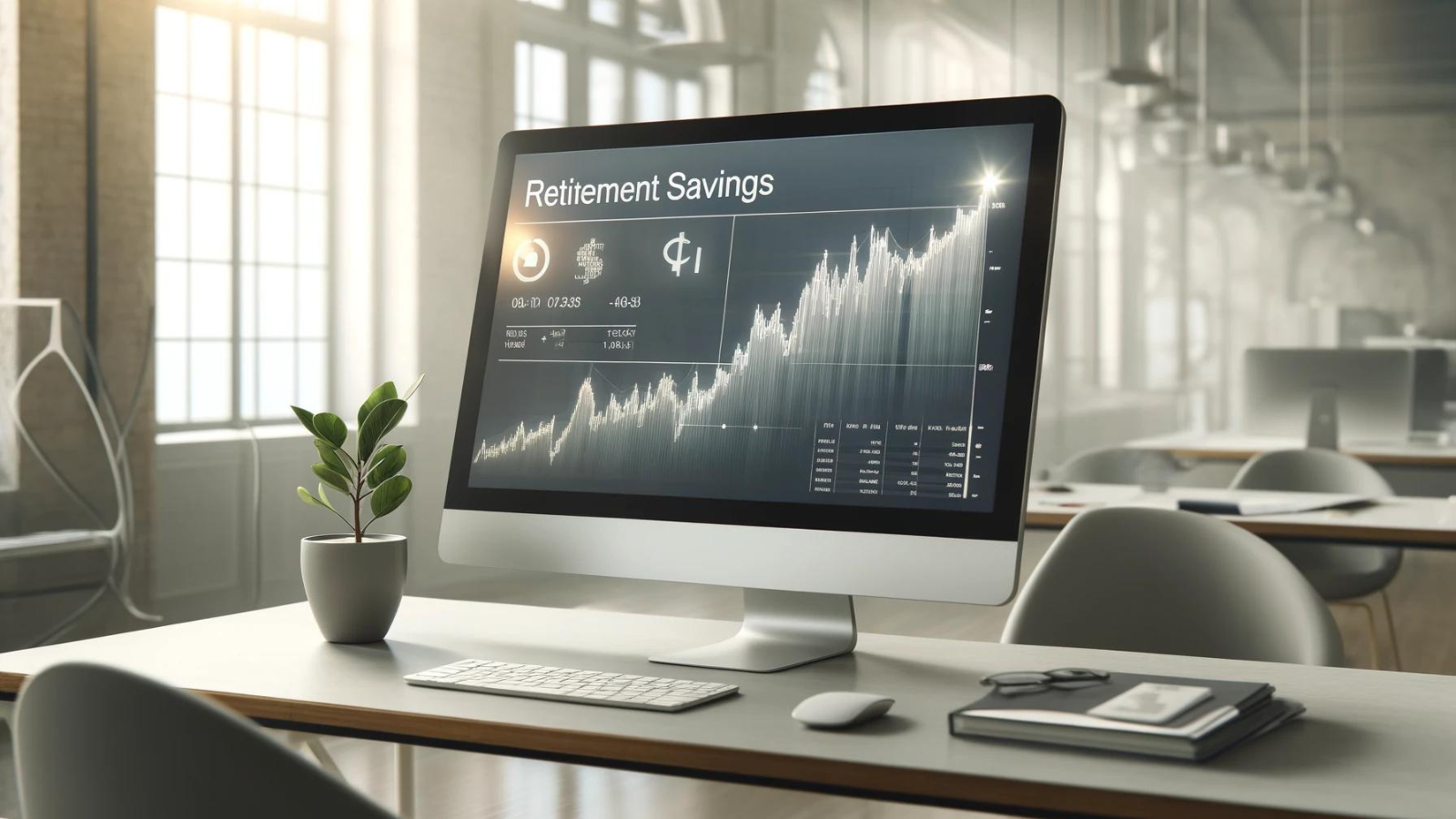 Modern office desk with a computer screen displaying a financial planning dashboard showing a rising stock market graph labeled "Retirement Savings.