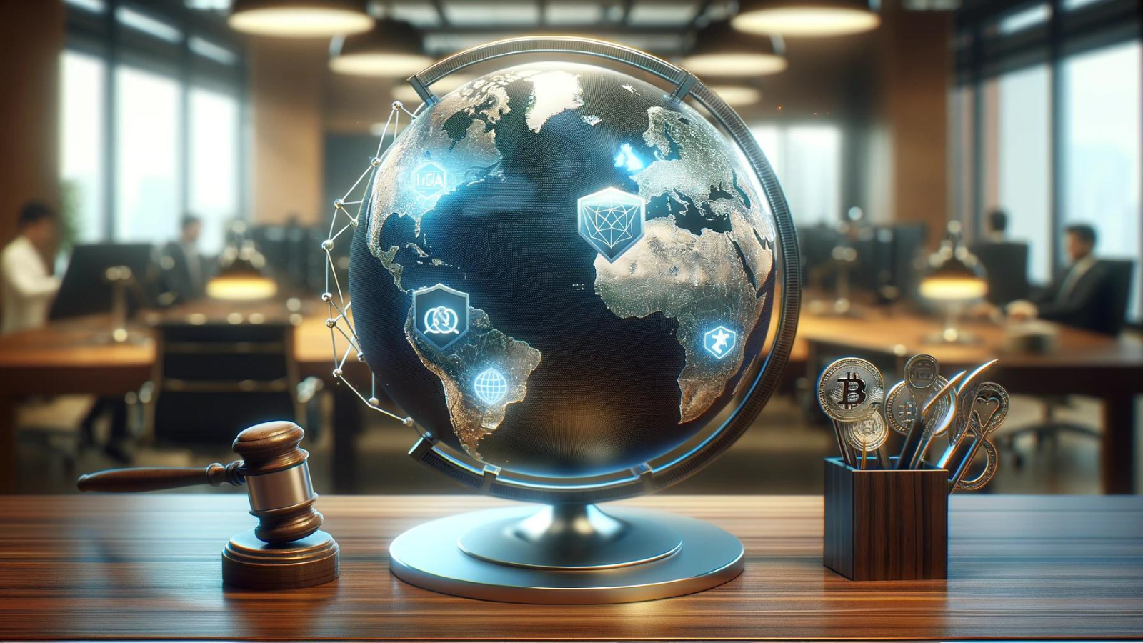 Illuminated globe showing global cryptocurrency impact with Bitcoin symbols on a business desk.