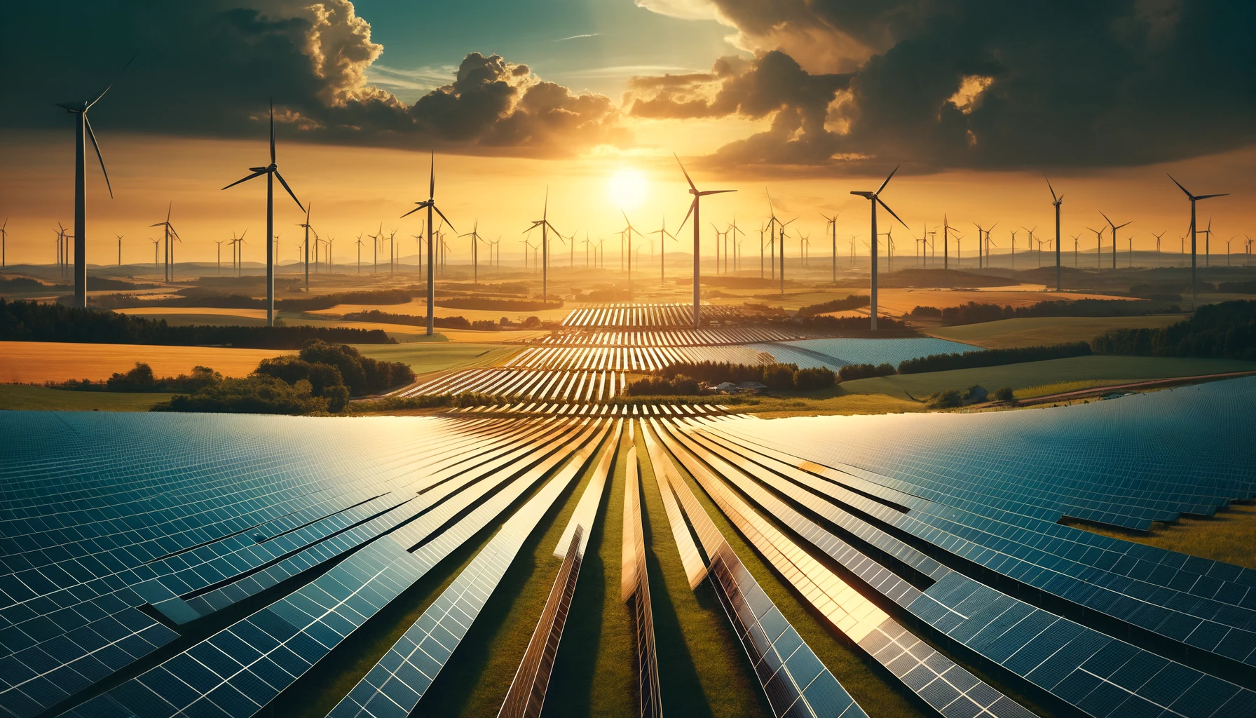 “A large solar farm with rows of solar panels under a clear sky, and wind turbines in the background.”