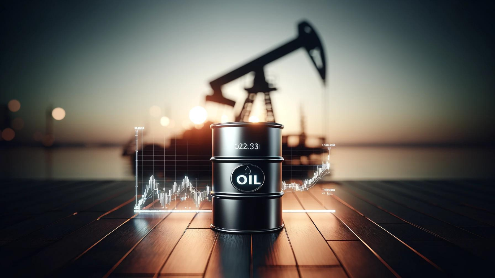 Oil barrel with digital price display, blurred oil rig in the background.