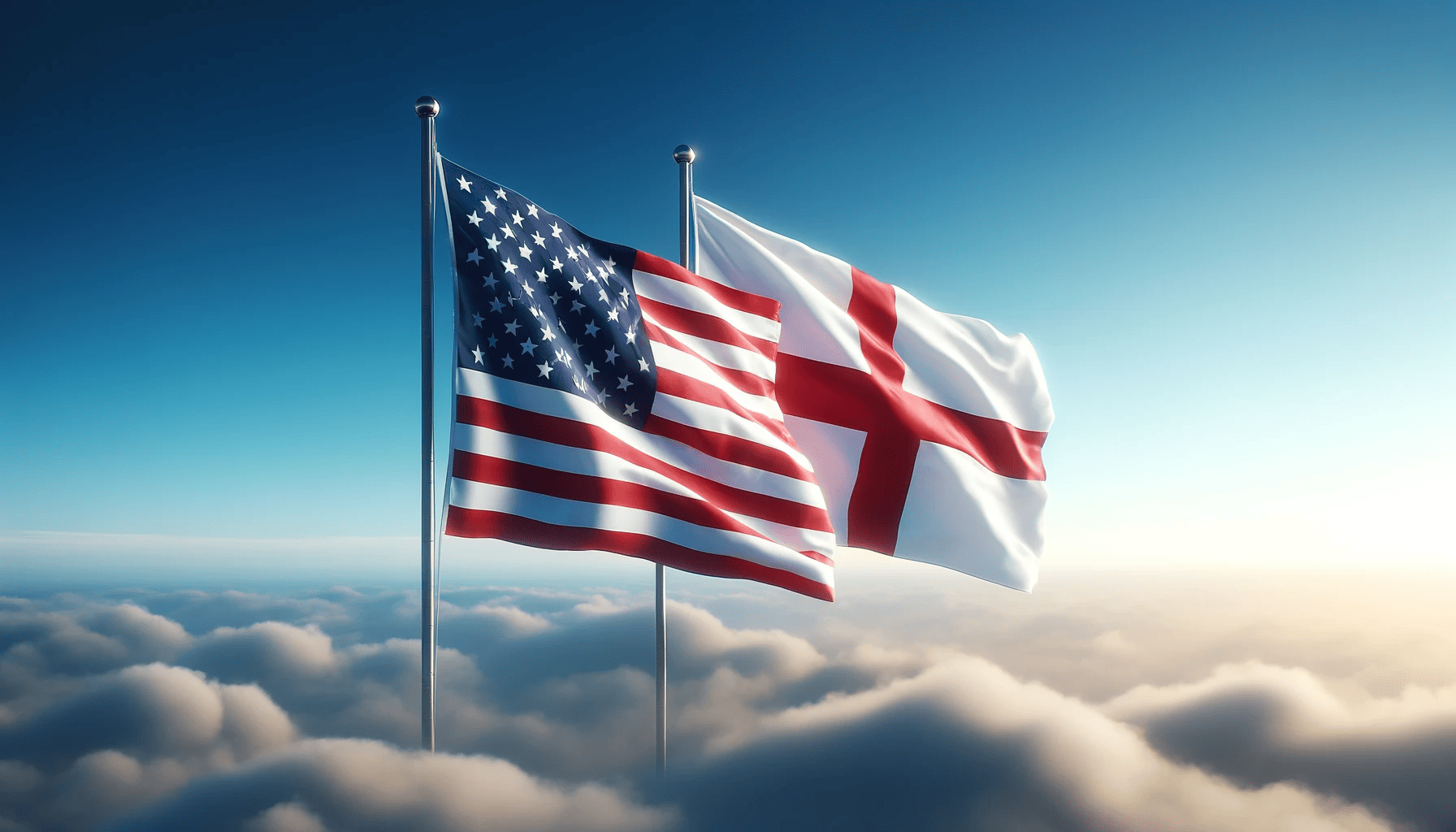 :"Realistic image of American and English flags waving side by side under a blue sky, symbolizing collaboration and partnership".