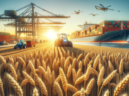 "Vast wheat field at harvest with farming equipment and a busy port in the background."