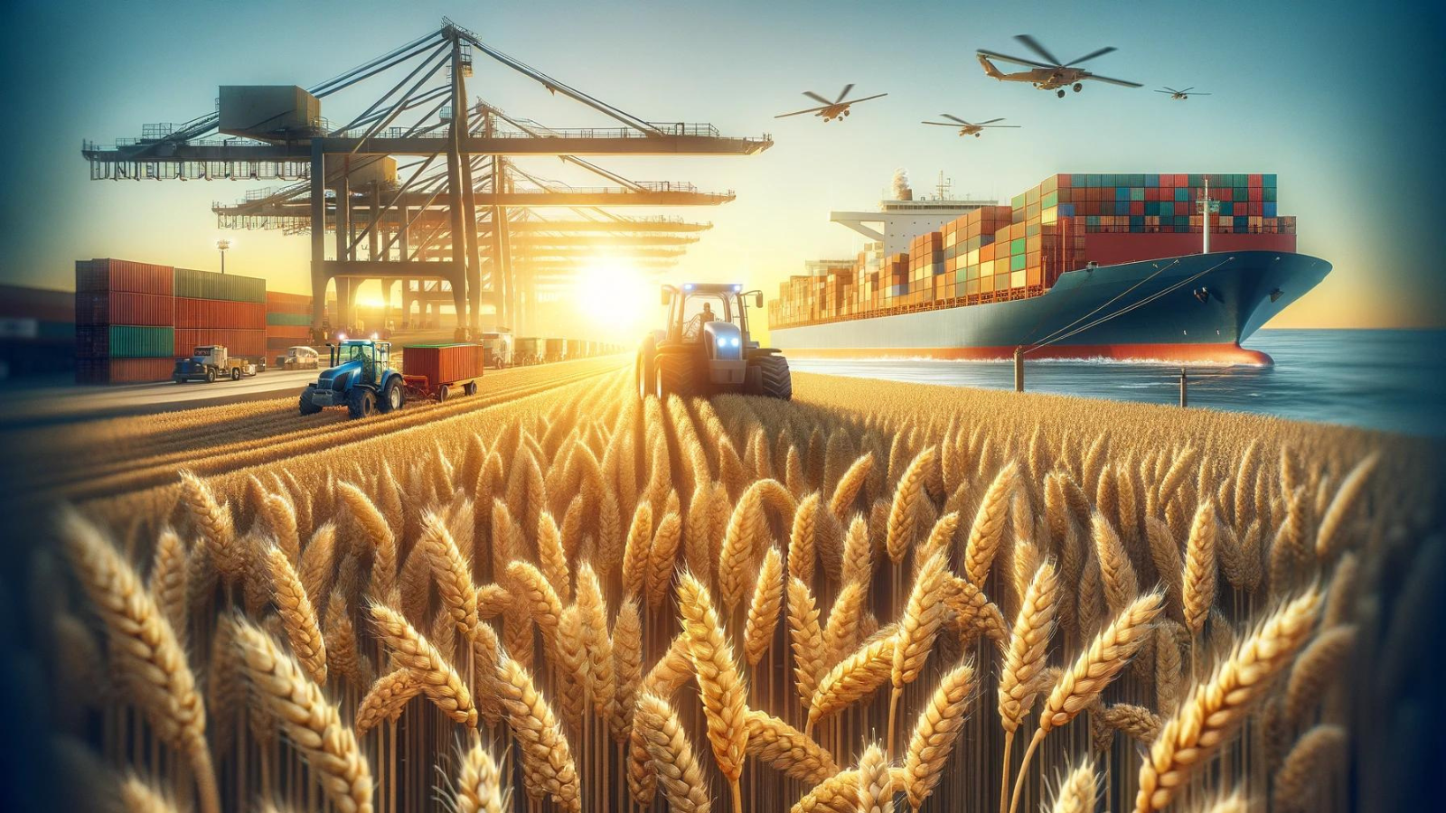 "Vast wheat field at harvest with farming equipment and a busy port in the background."