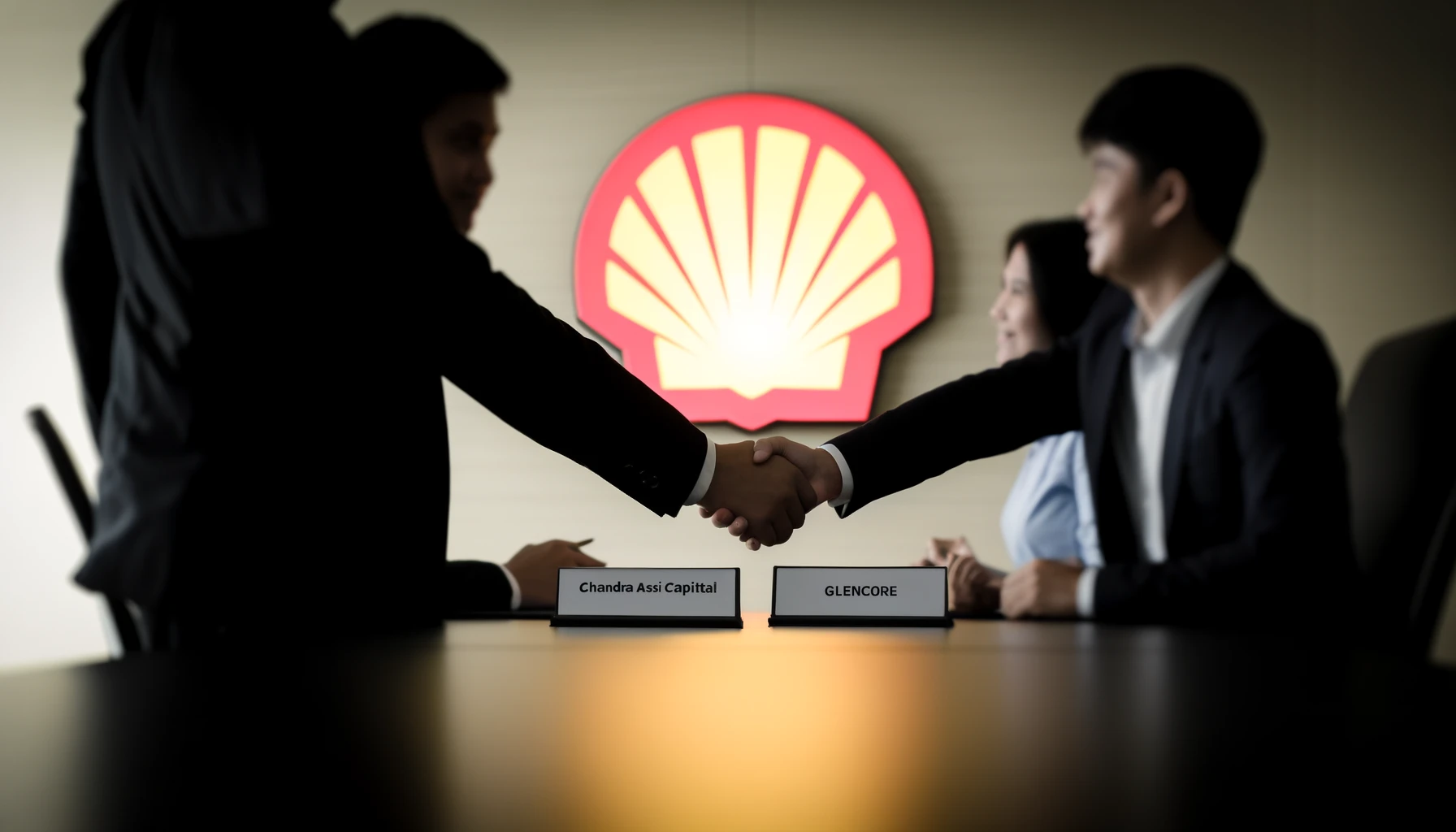 "Symbolic handshake between representatives from Shell, Chandra Asri Capital, and Glencore, highlighting the asset sale."