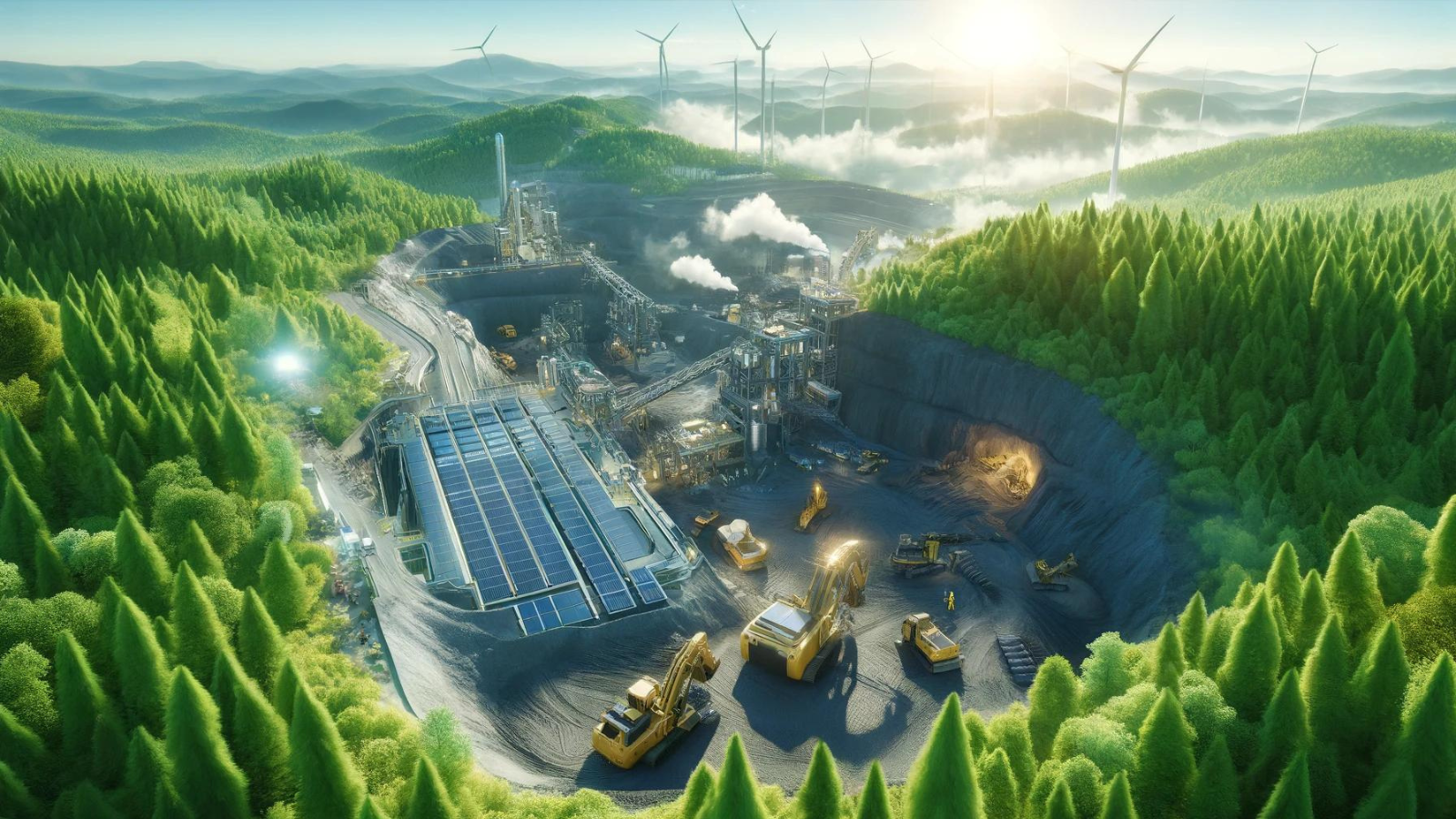 Eco-friendly mining operation with solar panels and wind turbines in a lush landscape.