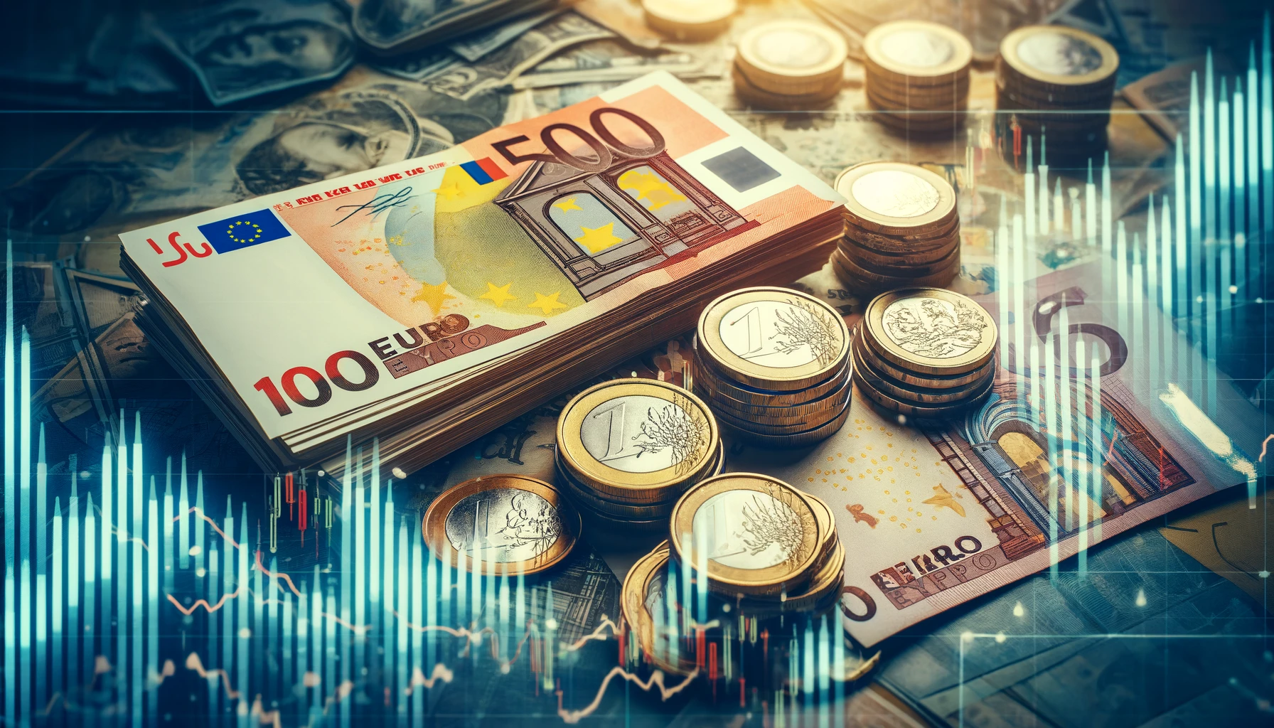 "Euro banknotes and coins with financial charts and graphs in the background, depicting currency trading in Europe."