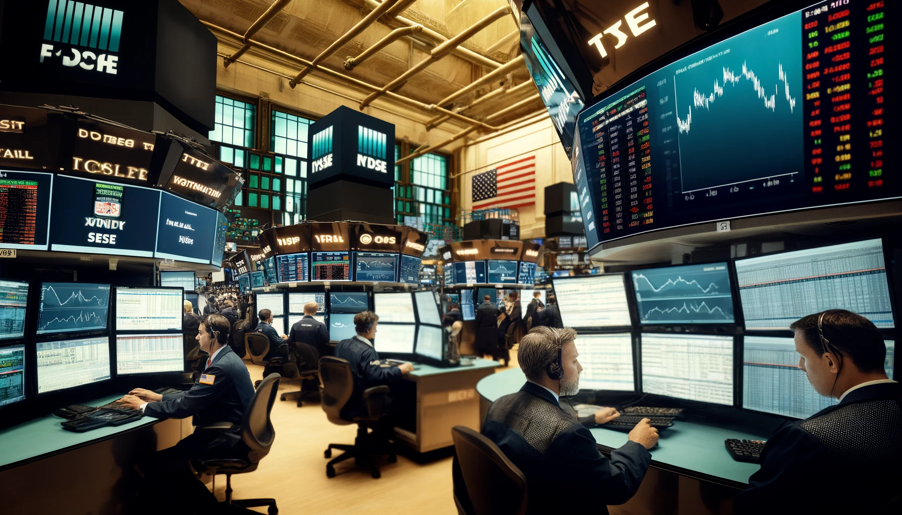 "Traders in business attire on the NYSE floor, monitoring financial data on multiple screens, capturing the dynamic market."