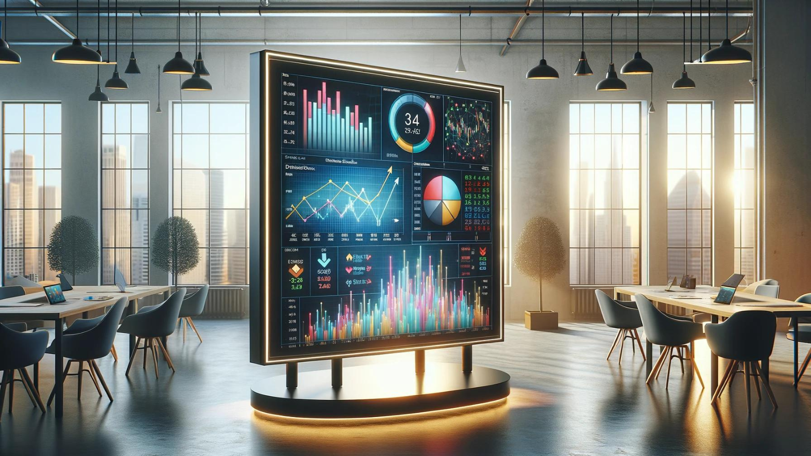 Digital screen showing graphs for dividend payouts and stock growth.