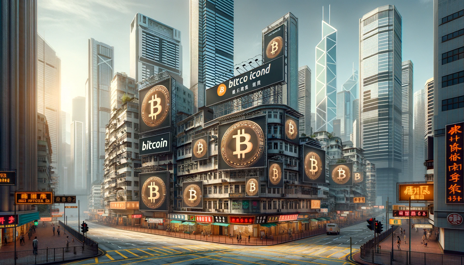 “Financial district in Hong Kong with Bitcoin symbols on billboards and advertisements.”