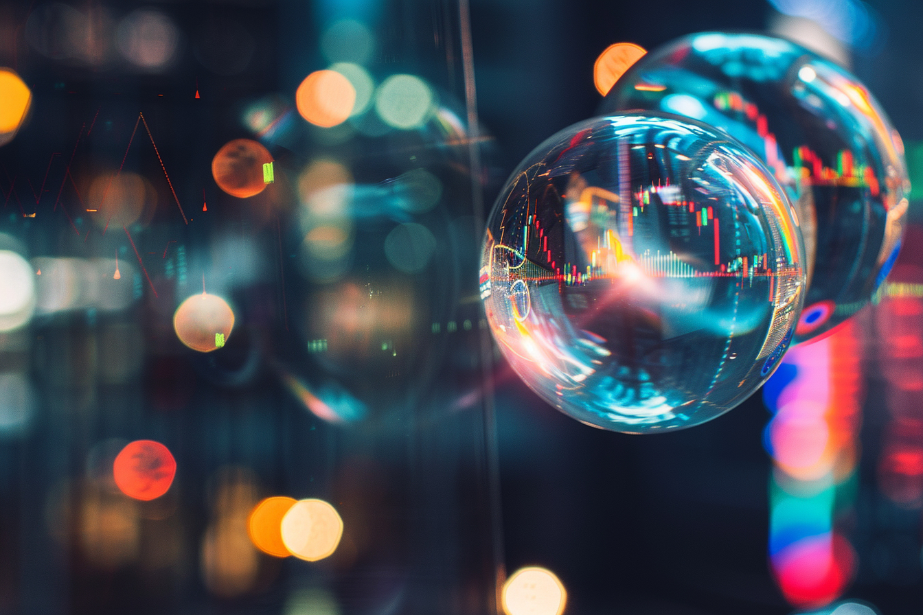 Close-up of glass spheres reflecting colorful stock market graphs and data, with a blurred background of lights.