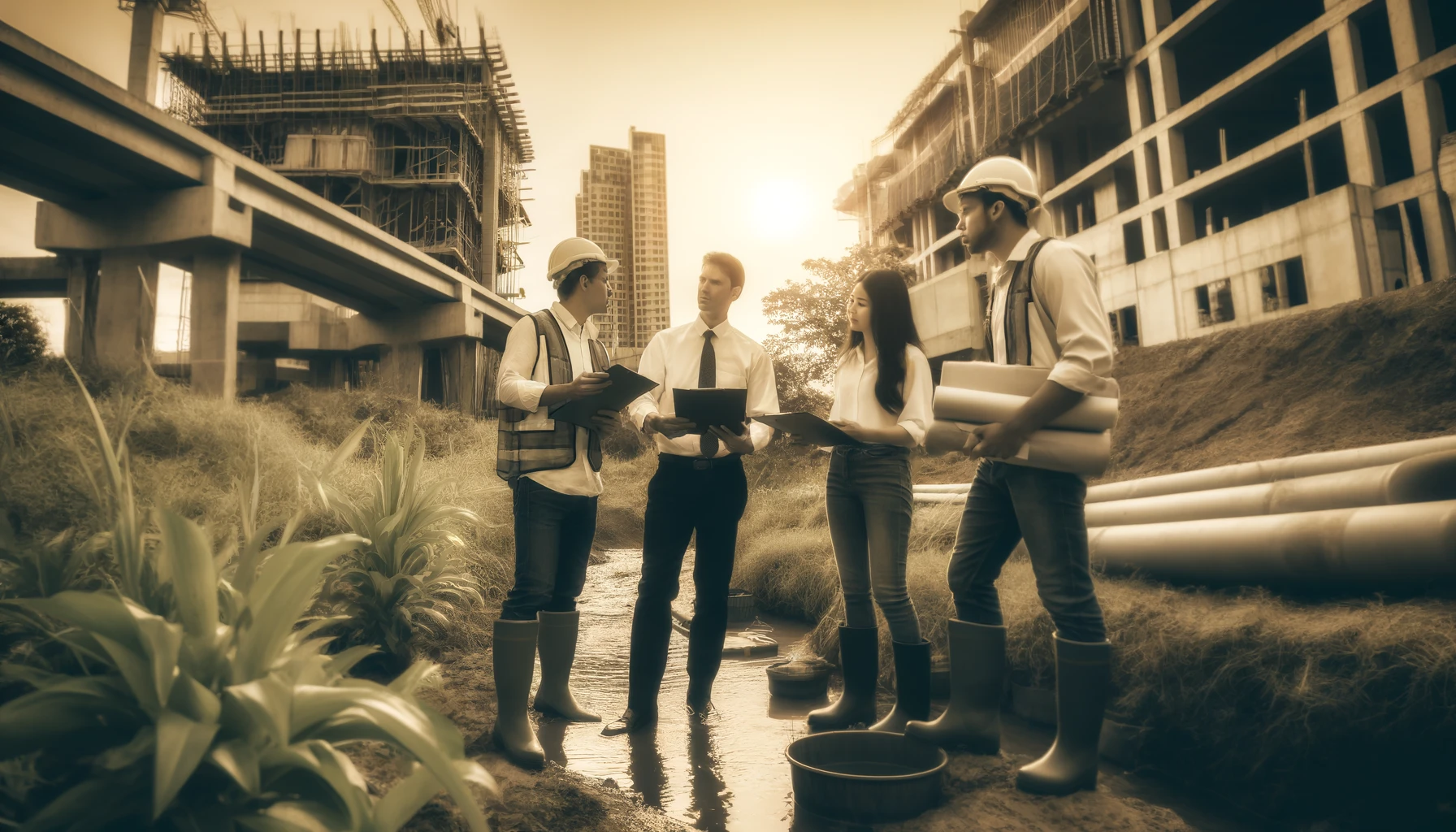 "Engineers and environmental scientists discussing stormwater management plans at a construction site with greenery around."