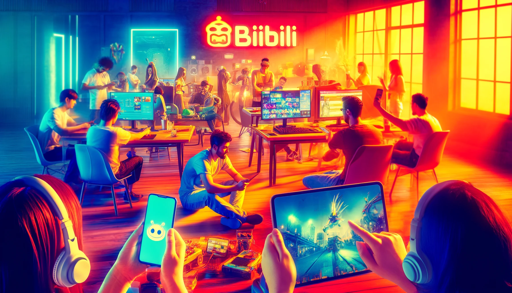 "People engaging with Bilibili on various devices in a vibrant, retro-filtered office setting."