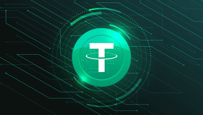 :”Tether coin symbol on vibrant cryptocurrency-themed background, representing digital FIAT and trade exchange concept”.