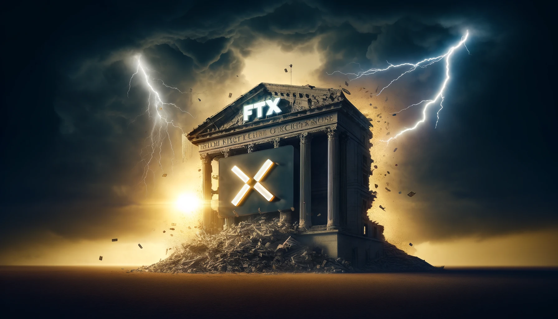 Once-majestic cryptocurrency exchange, FTX logo crumbling into ruins, dark clouds and lightning in the background.