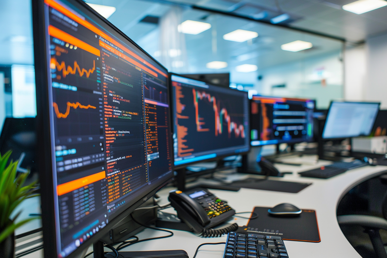 Algorithmic trading with advanced computer systems in a high-tech office