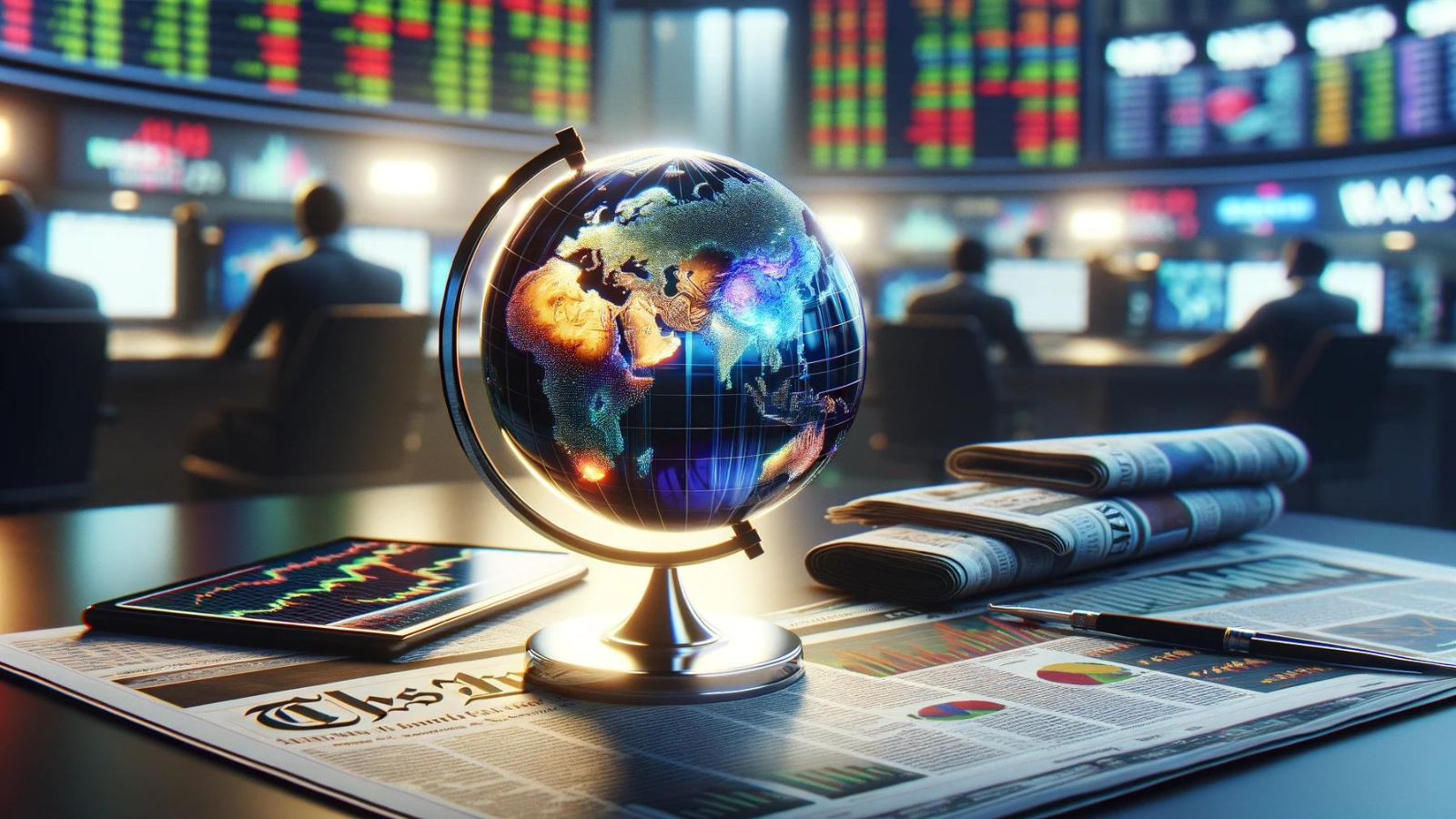 Globe highlighting emerging markets on a desk with financial charts.