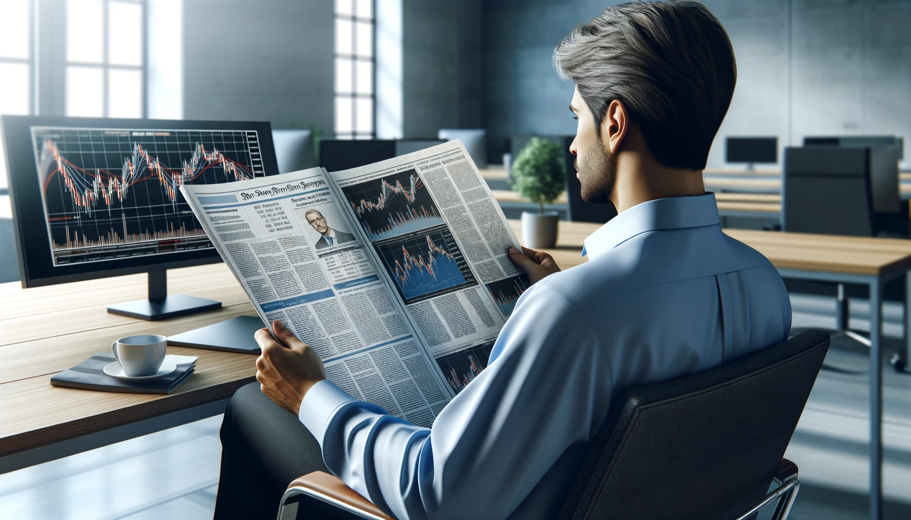 "Trader at a desk looking at printed reports and newspapers related to stock market data in a professional office setting."