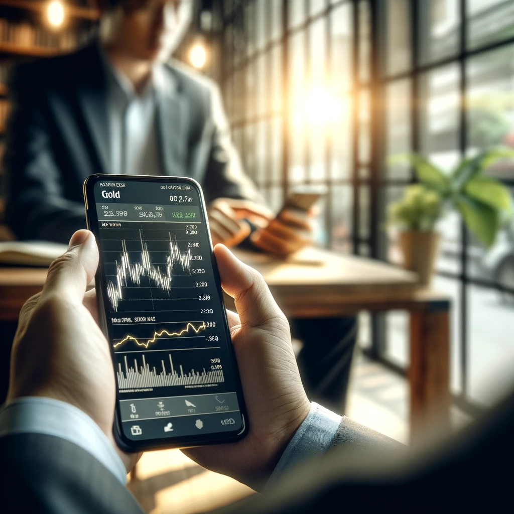 Investor checking the latest gold prices on a smartphone in a well-lit office, reflecting market analysis strategy.