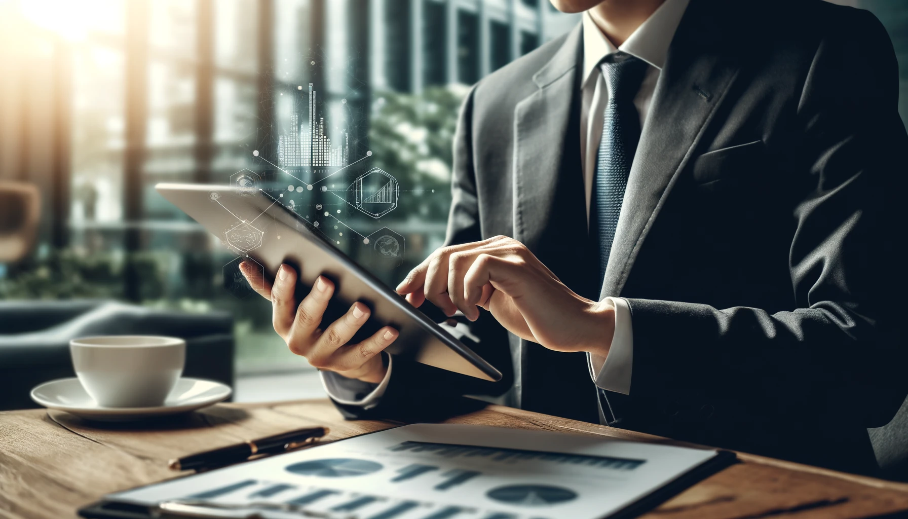 "Business professional using a digital tool on a tablet in a sleek, natural-lit office with vintage filter."