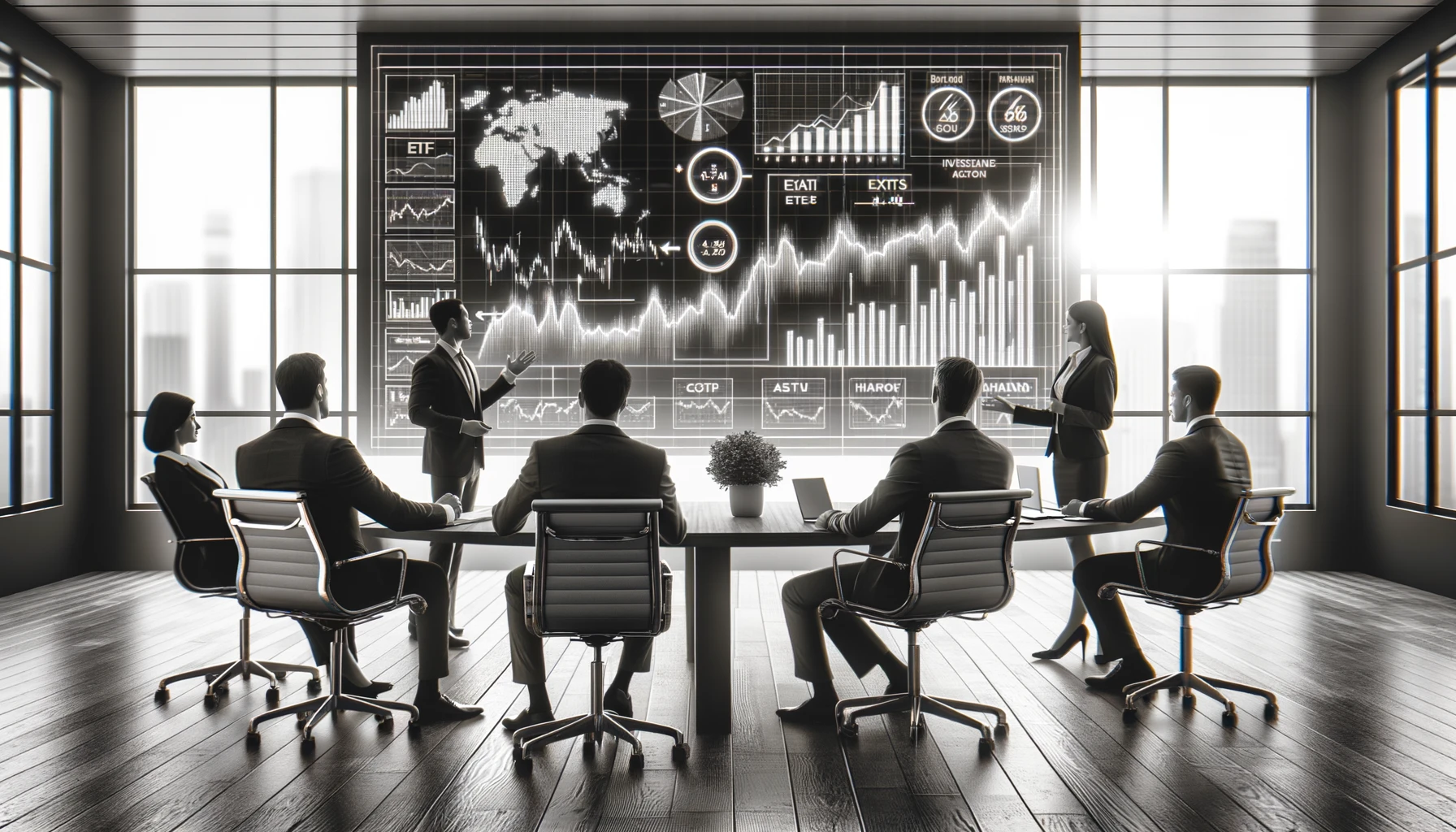 “A group of financial advisors having a discussion in a modern office, with charts and graphs displayed on a screen.”