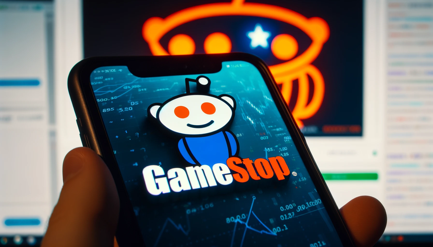 Smartphone showing GameStop and Reddit logos, highlighting their connection to the stock market surge.